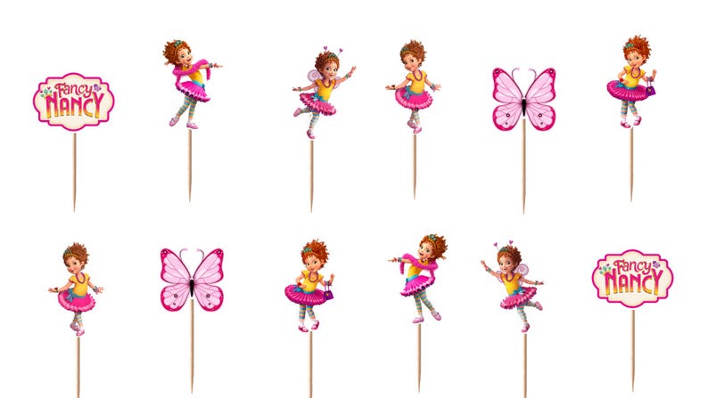May include: A set of twelve decorative cupcake toppers featuring illustrations of the character Fancy Nancy in various poses, pink butterflies, and signs with the text Fancy Nancy, all attached to thin wooden sticks for placement in food items.
