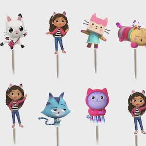 May include: A set of twelve decorative cupcake toppers featuring colorful cartoon characters, including cats, a girl with cat ears, a purple toy car, and a sleeping cat, each attached to a thin wooden pick for insertion into food items.