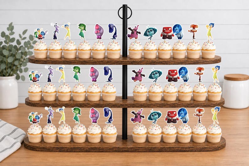 May include: A three-tiered wooden cupcake stand holding thirty-six cupcakes, each topped with a small paper cutout of characters from the movie Inside Out. The characters include Joy, Sadness, Anger, Disgust, Fear, Bing Bong, and others.