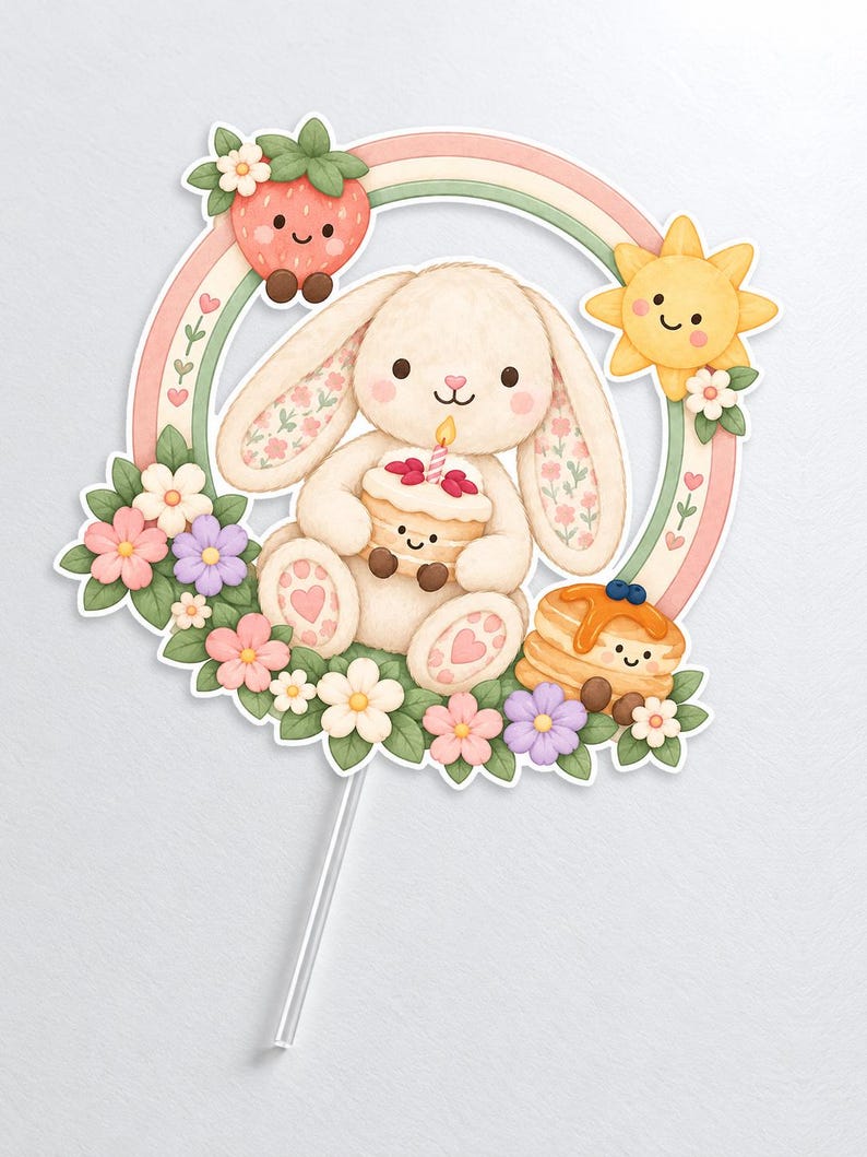 K&ouml;nnte beinhalten: Ein Tortenstecker mit einem cremefarbenen Hasen, der einen kleinen Kuchen mit Kerze h&auml;lt, umgeben von einem pastellfarbenen Regenbogen, einer l&auml;chelnden Erdbeere, einer gelben Sonne und bunten Blumen, befestigt an einem transparenten Kunststoffstab.