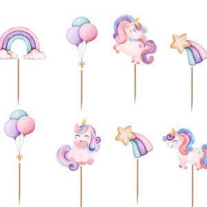 May include: A set of twelve decorative cupcake toppers featuring watercolour illustrations of unicorns, rainbows, balloons, and shooting stars. Each colourful paper cutout is attached to a thin wooden pick, showcasing pastel shades of pink, blue, and purple.
