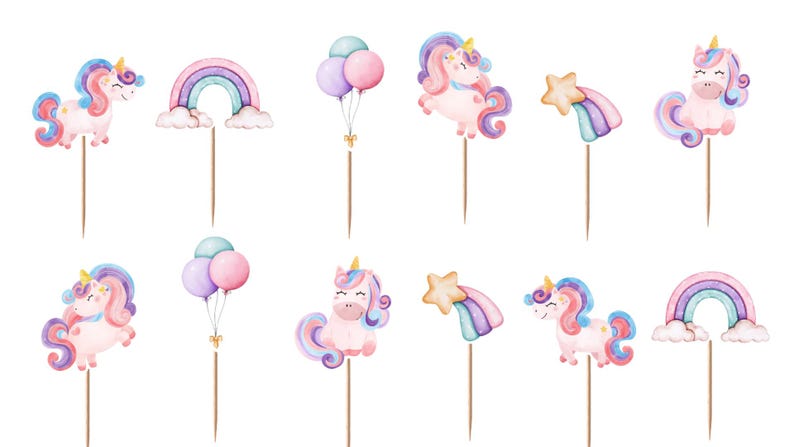 May include: A set of twelve decorative cupcake toppers featuring watercolour illustrations of unicorns, rainbows, balloons, and shooting stars. Each colourful paper cutout is attached to a thin wooden pick, showcasing pastel shades of pink, blue, and purple.