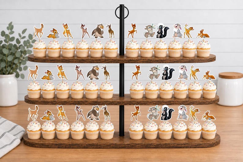 May include: A three-tiered wooden cupcake stand holding numerous cupcakes topped with decorative paper cutouts of forest animals, including a fawn, a rabbit, and a skunk. The stand features a central black metal rod with a circular handle at the top.