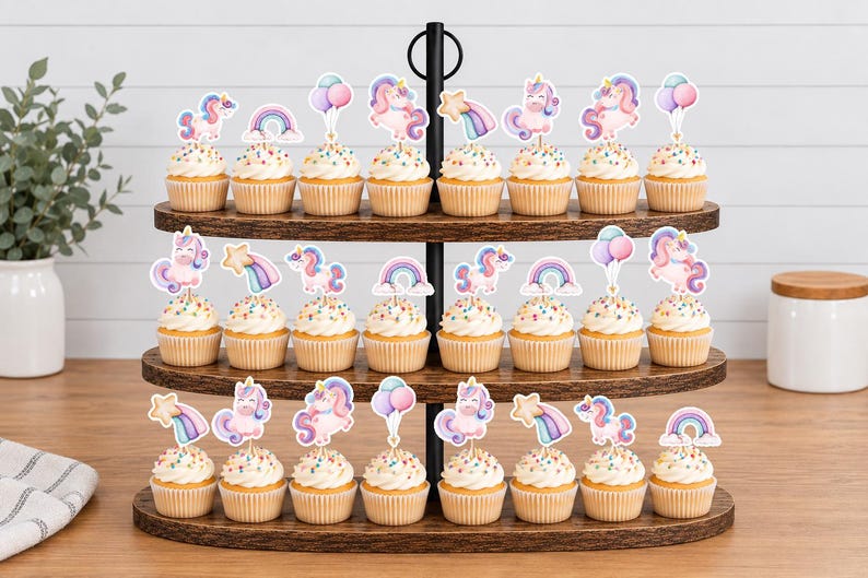 May include: A three-tiered wooden cupcake stand holding twenty-two cupcakes, each topped with a decorative paper cutout featuring watercolour illustrations of unicorns, rainbows, shooting stars, and pastel balloons on a white background.
