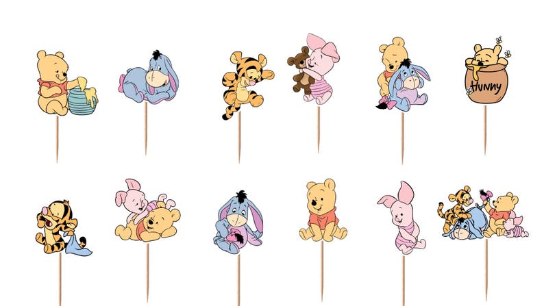 May include: A set of twelve decorative cupcake toppers featuring colorful illustrations of Winnie the Pooh, Piglet, Tigger, and Eeyore in various poses. One topper shows Pooh in a honey pot with the word Hunny printed on the front.