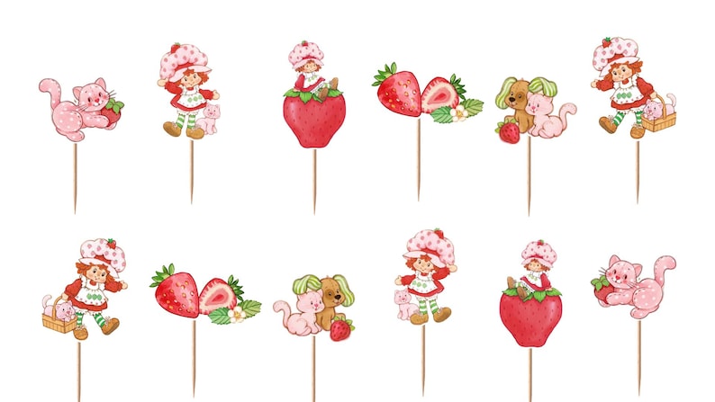 Op de afbeelding: Een set van twaalf cupcake-toppers met aquarelillustraties van een meisje met een aardbeienhoed, roze katten, bruine honden en rode aardbeien. Elke afbeelding is bevestigd aan een dunne houten prikker voor gebruik in voedsel.