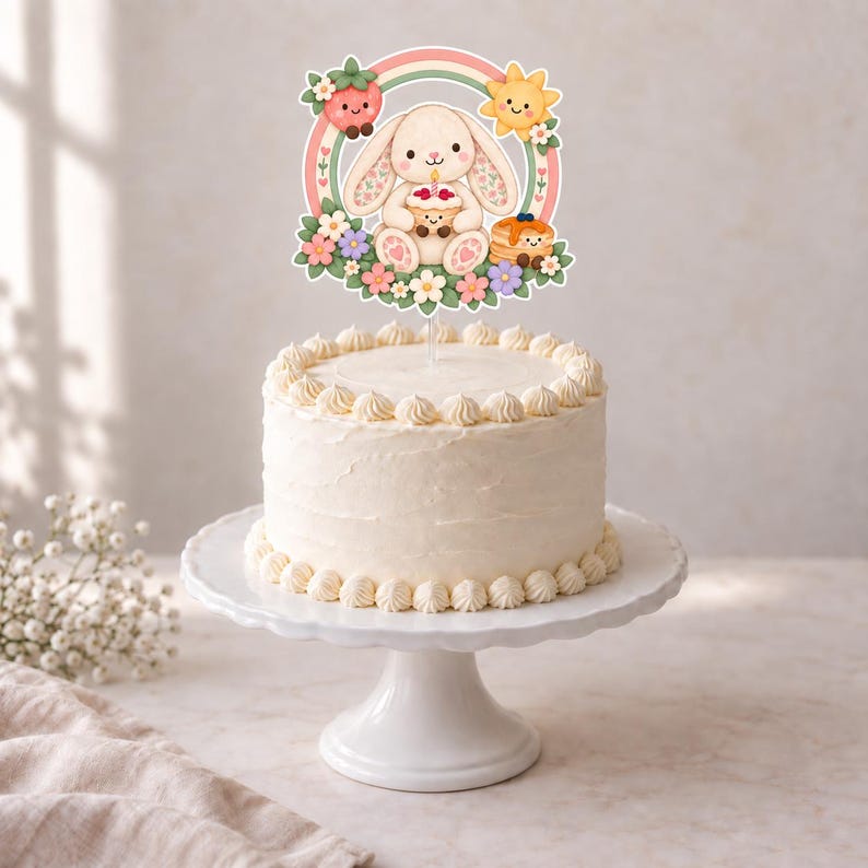K&ouml;nnte beinhalten: Ein wei&szlig; glasierter Kuchen mit einem Tortenstecker, der einen Cartoon-Hasen mit einem Cupcake zeigt, umgeben von einem Regenbogen, einer l&auml;chelnden Erdbeere, einer Sonne und bunten Blumen auf einem wei&szlig;en Tortenst&auml;nder.