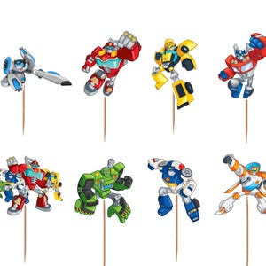 May include: A collection of colorful Transformers Rescue Bots cupcake toppers. The toppers feature various robot characters in action poses, along with two logo designs. Each topper is attached to a wooden stick for easy insertion into cupcakes or other baked goods.