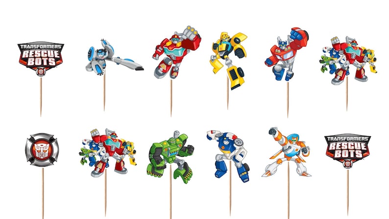 May include: A set of twelve Transformers Rescue Bots cupcake toppers featuring various colorful robot characters, the Transformers Rescue Bots logo, and a circular emblem, each attached to a thin wooden pick for decorative placement.