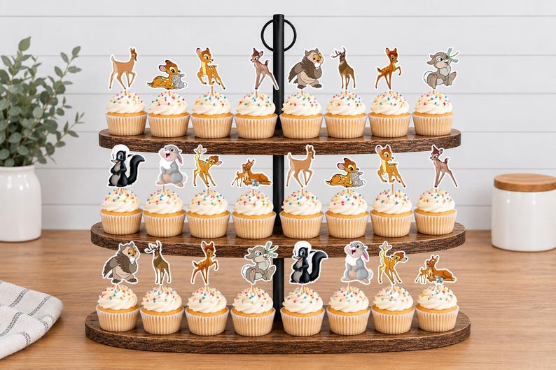 May include: A three-tiered wooden cupcake stand holding twenty-four cupcakes, each topped with a paper cutout of a forest animal character. The characters include deer, rabbits, and skunks, featuring various poses and colors like brown, tan, and white.