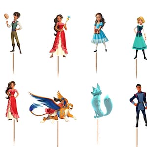 Op de afbeelding: Een set van twaalf decoratieve cupcake-toppers met diverse geanimeerde figuren, waaronder personages in rode, blauwe en groene outfits, een gevleugeld wezen en een lichtblauwe vos, elk bevestigd aan een houten prikker voor in voedsel.