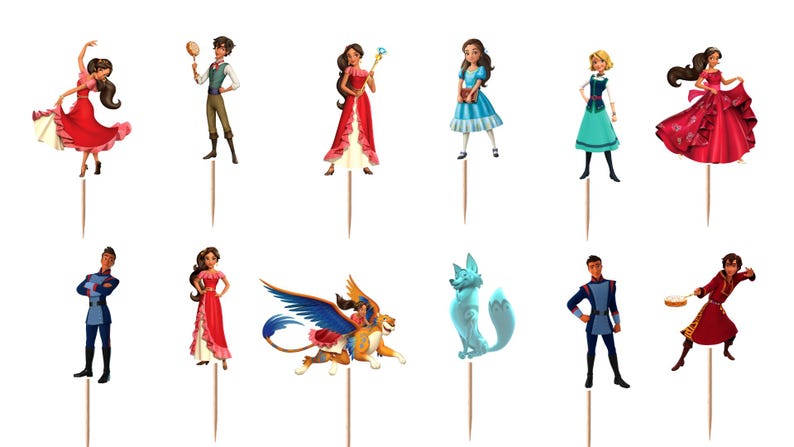 Op de afbeelding: Een set van twaalf decoratieve cupcake-toppers met diverse geanimeerde figuren, waaronder personages in rode, blauwe en groene outfits, een gevleugeld wezen en een lichtblauwe vos, elk bevestigd aan een houten prikker voor in voedsel.