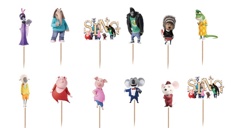 May include: A set of twelve decorative cupcake toppers featuring various animated characters from the movie Sing, including a koala, pigs, a gorilla, a porcupine, a mouse, and a lizard, each attached to a thin wooden pick for easy placement.