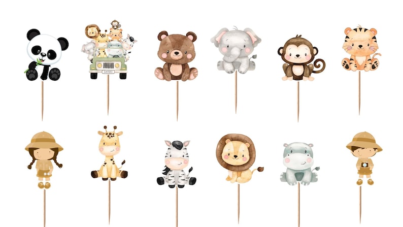 K&ouml;nnte beinhalten: Ein Set aus zw&ouml;lf Cupcake-Toppern mit Aquarellillustrationen verschiedener Tiere, darunter ein Panda, B&auml;r, Elefant, Affe, Tiger, Giraffe, Zebra, L&ouml;we, Flusspferd sowie zwei Safari-Figuren, die jeweils an einem Holzspie&szlig; befestigt sind.