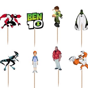 May include: A set of twelve decorative cupcake toppers featuring various Ben 10 characters, the Ben 10 logo, and the Omnitrix watch. Each colourful illustration is attached to a thin wooden toothpick, showcasing diverse alien forms and human figures.
