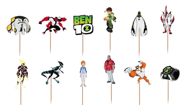 May include: A set of twelve decorative cupcake toppers featuring various Ben 10 characters, the Ben 10 logo, and the Omnitrix watch. Each colourful illustration is attached to a thin wooden toothpick, showcasing diverse alien forms and human figures.