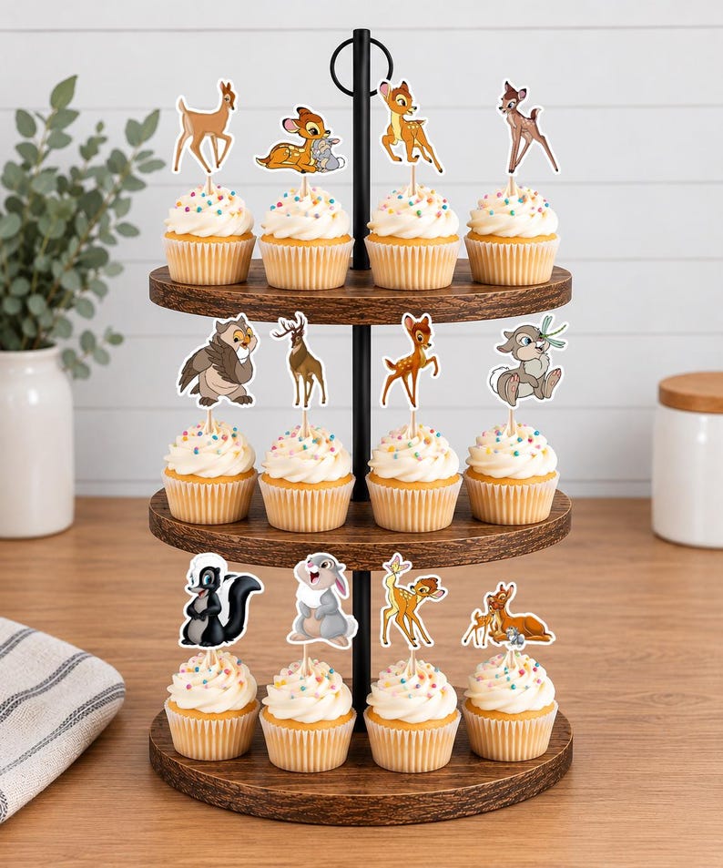May include: A three-tiered wooden cupcake stand holding twelve cupcakes, each topped with a decorative paper cutout featuring various cartoon forest animals including deer, a rabbit, a skunk, and an owl, all with white frosting and colorful sprinkles.