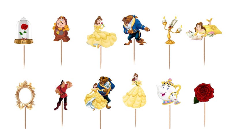 May include: A set of twelve decorative cupcake toppers featuring various characters and objects from Beauty and the Beast, including a red rose in a glass dome, a clock, a candelabra, a teapot, and figures of Belle, the Beast, and Gaston.