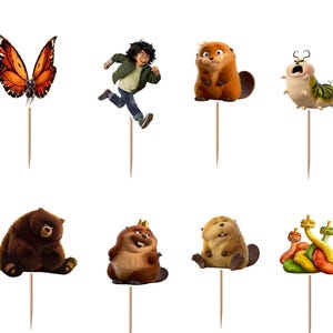 May include: A set of twelve decorative cupcake toppers featuring various animated characters including a green lizard, orange butterfly, running boy, brown beaver, caterpillar, white goose, pink creature in a bowl, brown bear, and a green frog.