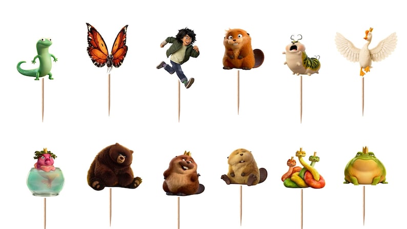May include: A set of twelve decorative cupcake toppers featuring various animated characters including a green lizard, orange butterfly, running boy, brown beaver, caterpillar, white goose, pink creature in a bowl, brown bear, and a green frog.