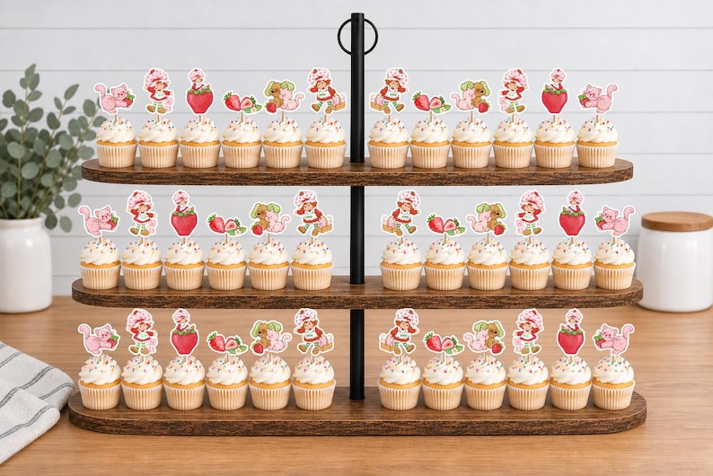 Op de afbeelding: Een houten cupcake-standaard met drie niveaus met talloze cupcakes, bekroond met decoratieve papieren prikkers met illustraties van een meisje met een rode hoed, aardbeien en roze katten. De standaard heeft een zwarte metalen middenstang.