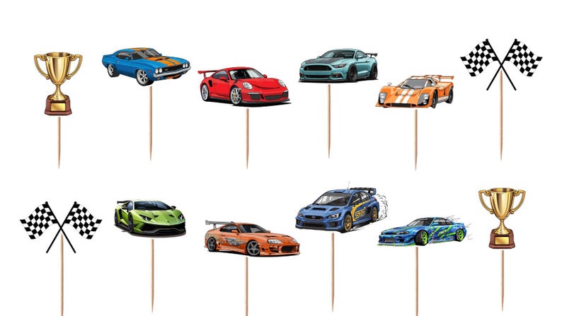 May include: A collection of twelve decorative cupcake toppers featuring various sports cars, gold trophies, and crossed checkered racing flags. Each illustration is mounted on a thin wooden pick, showcasing vibrant colors and detailed car designs.
