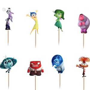 May include: A collection of twelve decorative cupcake toppers featuring various animated characters from the movie Inside Out. Each character is attached to a thin, pointed wooden toothpick, showcasing figures like Joy, Sadness, Anger, Disgust, Fear, Bing Bong, and Anxiety in vibrant colors.
