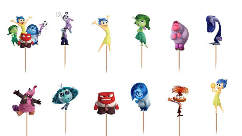 May include: A collection of twelve decorative cupcake toppers featuring various animated characters from the movie Inside Out. Each character is attached to a thin, pointed wooden toothpick, showcasing figures like Joy, Sadness, Anger, Disgust, Fear, Bing Bong, and Anxiety in vibrant colors.