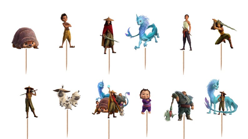 K&ouml;nnte beinhalten: Ein Set aus zw&ouml;lf dekorativen Cupcake-Toppern mit verschiedenen animierten Charakteren aus Raya und der letzte Drache, darunter Raya, der Drache Sisu, Tuk Tuk und andere Figuren, die jeweils an einem d&uuml;nnen Holzspie&szlig; zur Dekoration befestigt sind.
