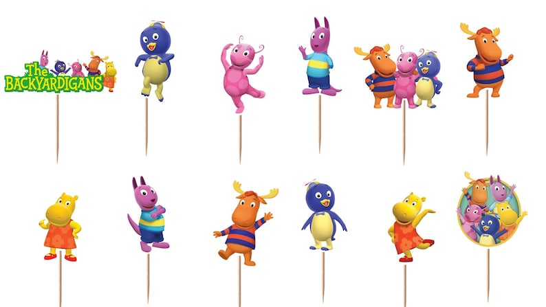 May include: A set of The Backyardigans cupcake toppers featuring various characters including Pablo, Uniqua, Tyrone, Tasha, and Austin. Each cutout is attached to a wooden toothpick. The collection includes individual character poses and group scenes.