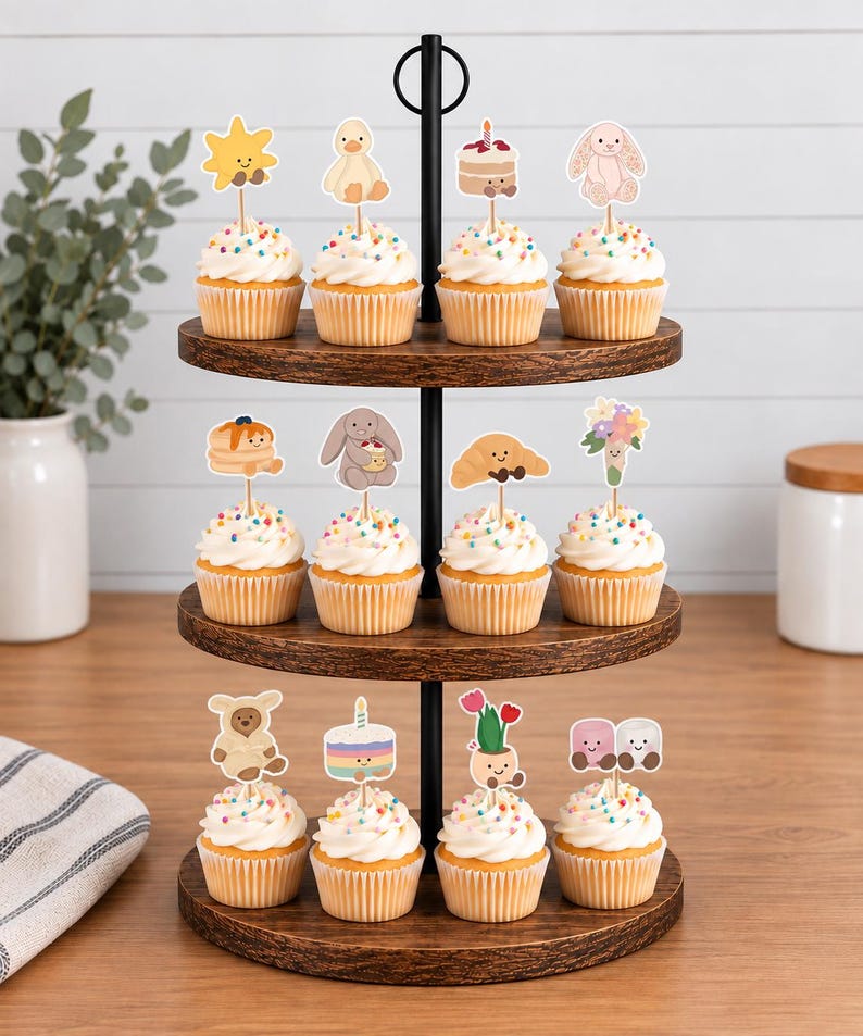 Puede incluir: Un soporte de madera para cupcakes de tres niveles con doce cupcakes cubiertos de glaseado blanco, chispas de colores y varios adornos de papel decorativos con ilustraciones de animales, comida, flores y pasteles.