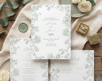 Conjunto de invitaciones de boda verde salvia, invitaciones de boda florales vintage, elegante conjunto de invitaciones de boda botánicas, plantilla editable de Canva