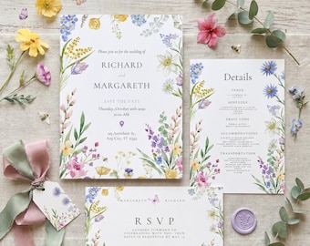 Invitación de boda con flores silvestres, invitación de boda con flores coloridas, set de boda en un jardín primaveral, tarjetas de confirmación y detalles, plantilla editable de Canva.