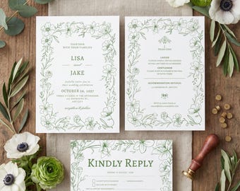 Invitación de boda floral verde salvia, elegante diseño de jardín botánico, plantilla editable de Canva.