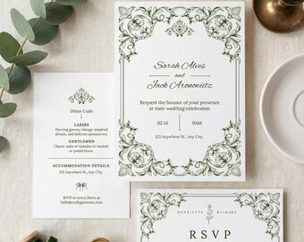 Invitación de boda botánica verde, elegante marco vintage con tarjetas de confirmación de asistencia y detalles, plantilla editable de Canva.