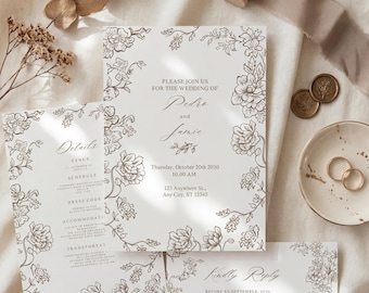 Invitación de boda botánica marrón, elegante invitación floral, tarjetas de RSVP y detalles, plantilla editable de Canva