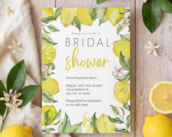 Invitación de despedida de soltera con limón, temática floral de verano con cítricos, diseño de jardín amarillo fresco, plantilla editable de Canva