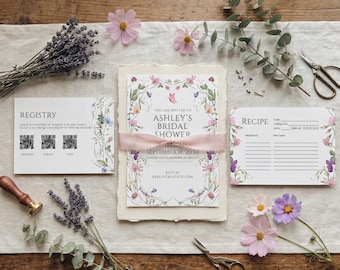 Invitación para despedida de soltera con flores pastel, set de novia estilo jardín, tarjetas de invitación, recetas y registro, plantilla editable de Canva.