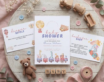 Invitación para baby shower en tonos pastel, adorable set de baby shower con animales, invitación para bebé de género neutro, sorteo de pañales y libros para bebé, plantilla de Canva.