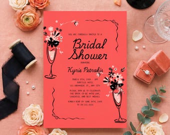 Invitación para despedida de soltera en coral, temática de cóctel de champán, diseño floral moderno, plantilla editable de Canva, invitación digital imprimible