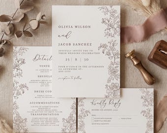 Invitaciones de boda con flores neutras, modernas RSVP en marrón y beige, plantilla editable de Canva