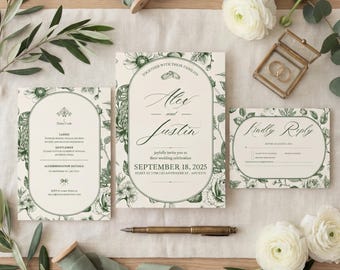 Invitación de boda floral verde salvia, diseño ovalado botánico clásico, plantilla editable de Canva