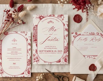 Invitaciones de boda románticas con diseño botánico burdeos, estilo ovalado floral vintage, plantilla editable de Canva