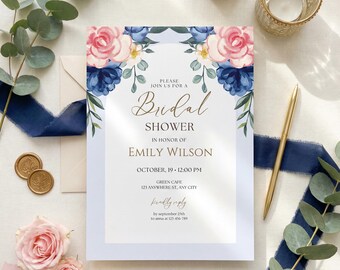 Invitación floral rosa y azul para despedida de soltera, estilo jardín elegante, celebración nupcial clásica, plantilla editable de Canva.