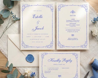 Invitación de boda vintage azul, elegante invitación con borde francés, invitación clásica para guardar la fecha y confirmar asistencia, plantilla editable de Canva.