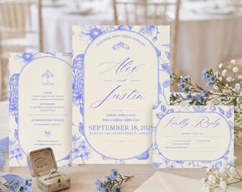 Invitación de boda con diseño floral azul, elegante invitación botánica con RSVP y detalles, plantilla editable de Canva.