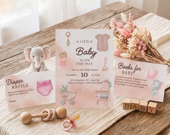 Invitaciones para baby shower con animales en tonos pastel, plantilla de Canva (tarjeta para rifa de pañales y libros)