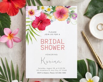 Invitación de despedida de soltera con flores tropicales, diseño de jardín isleño colorido, celebración nupcial de verano, plantilla editable de Canva