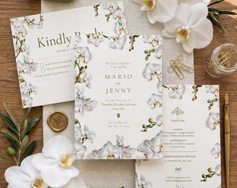 Invitaciones de boda con orquídea blanca, diseño botánico, plantilla editable de Canva