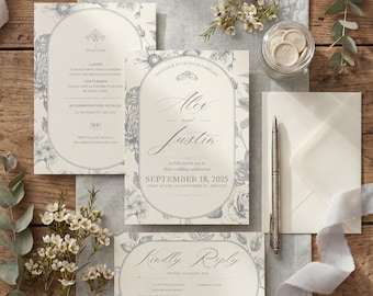 Invitación de boda floral vintage gris, diseño ovalado botánico clásico, plantilla editable de Canva
